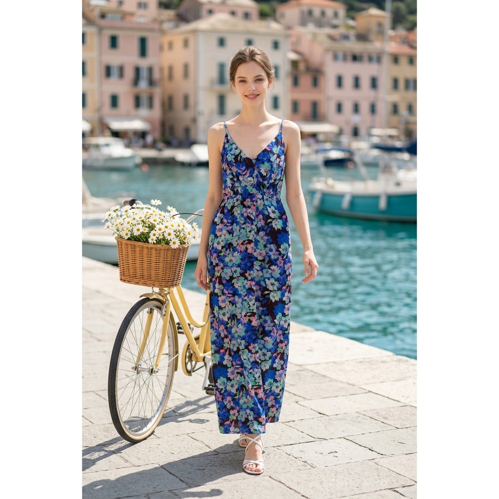 Yumi Kim Sleeping Beauty Blue Floral Maxi Dress V-Neck Spaghetti Strap Pockets M